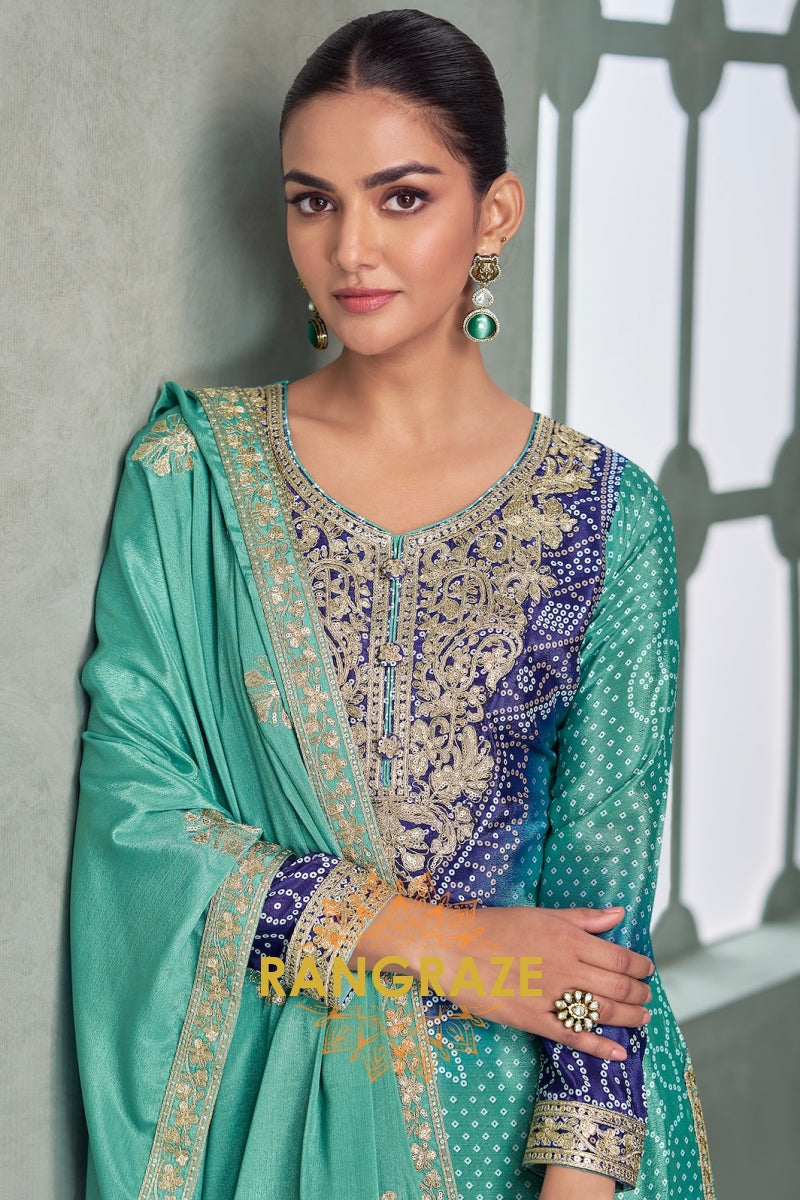 Azure Enchant Chinnon Silk Embroidered Suit Set – A Dream in Ocean Hues