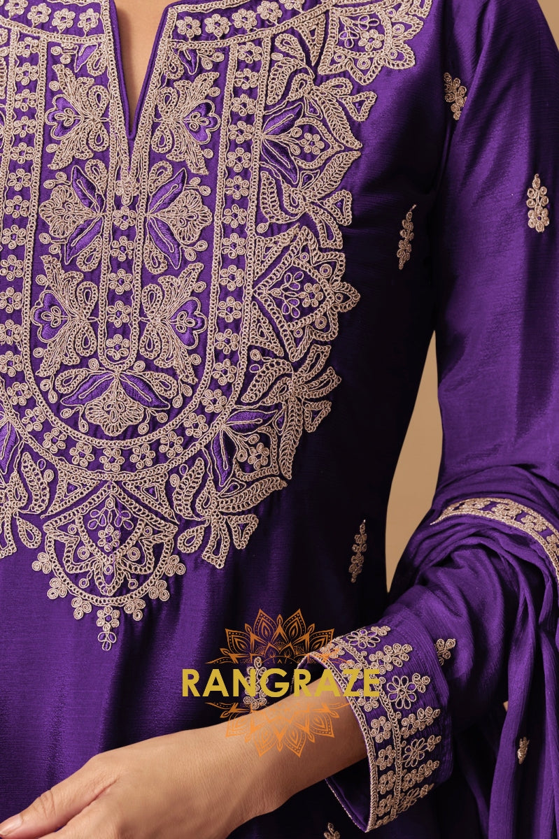 Royal Purple Embroidered Sharara Suit Set – A Regal Statement of Elegance