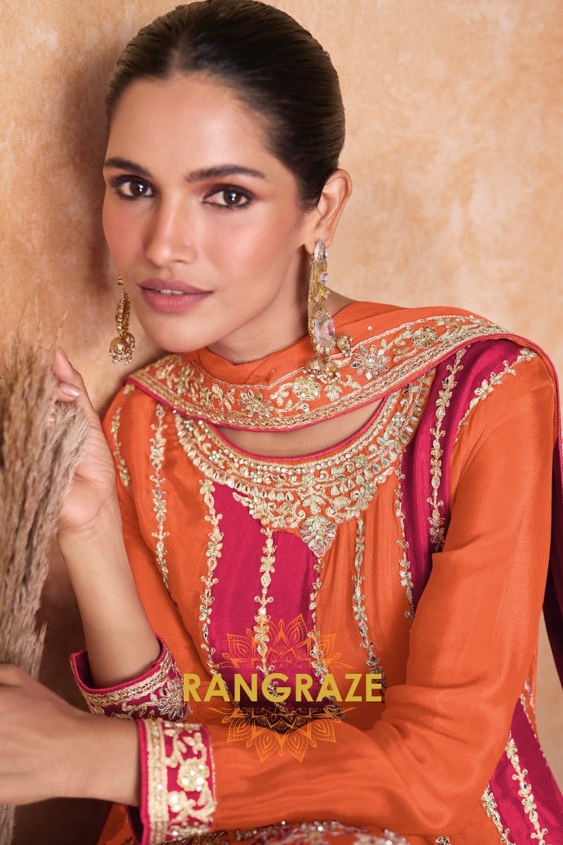 Tangerine Blossom Chinnon Silk Embroidered Sharara Suit – A Vision of Festive Splendor