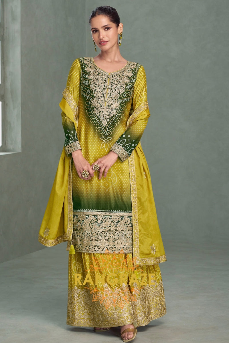 Emerald Glow Chinnon Silk Embroidered Suit Set – A Harmony of Nature and Opulence