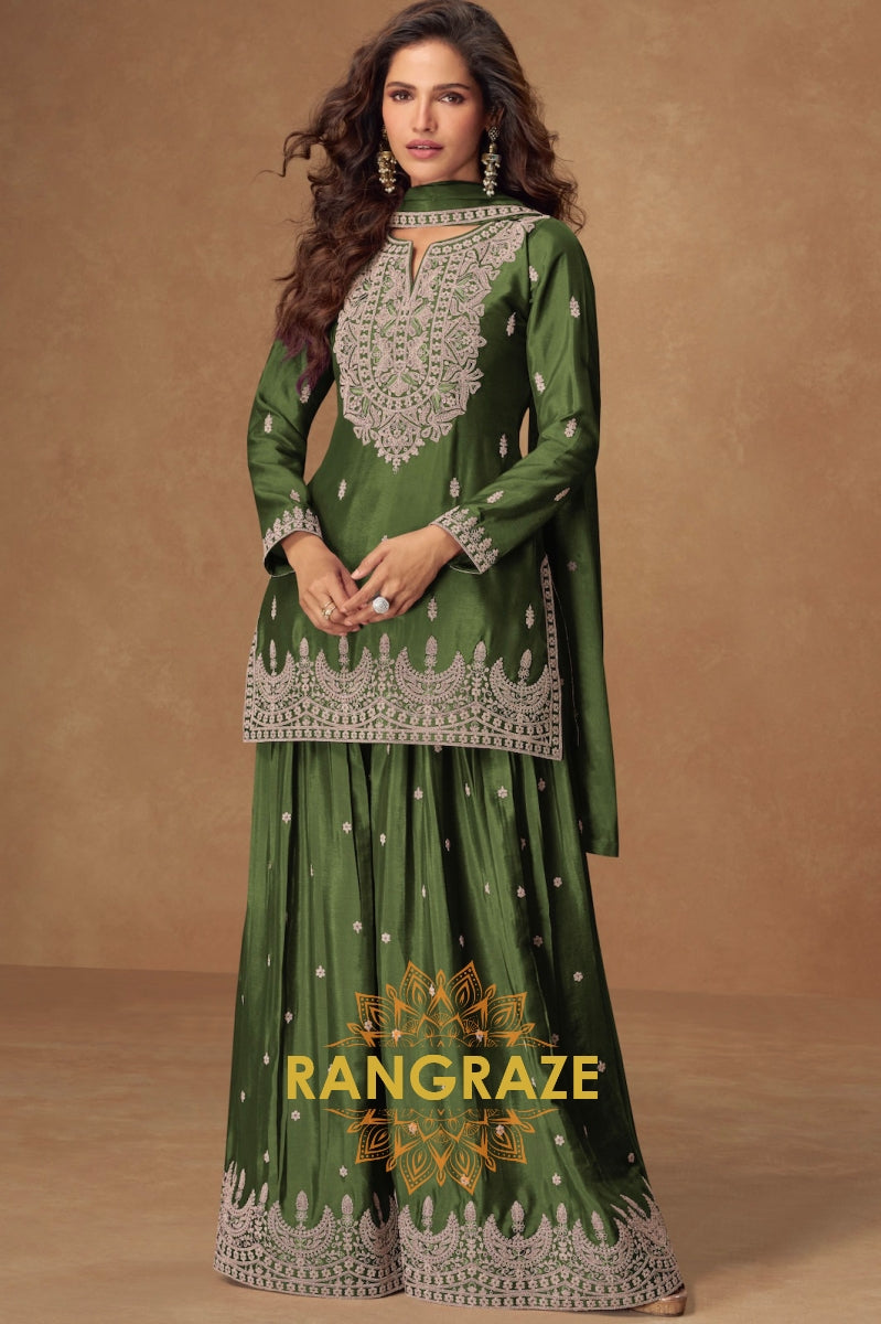 Olive Green Embroidered Sharara Suit Set – Timeless Grace with Royal Craftsmanship