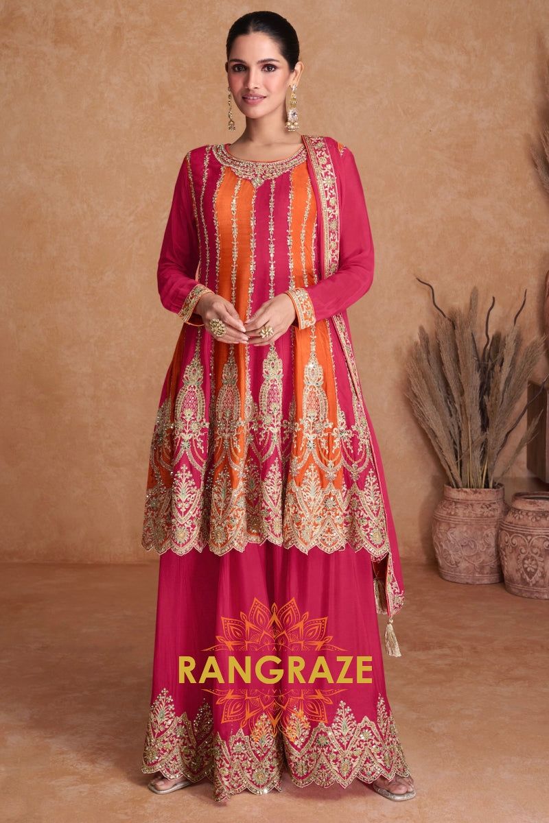 Fuchsia Flame Chinnon Silk Embroidered Sharara Suit – The Essence of Festive Glamour