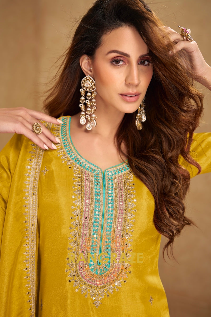 Golden Aura Silk Embroidered Salwar Set – Radiant, Regal & Refined