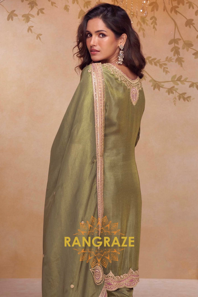 Olive Reverie Silk Embroidered Suit Set – A Statement of Subtle Sophistication