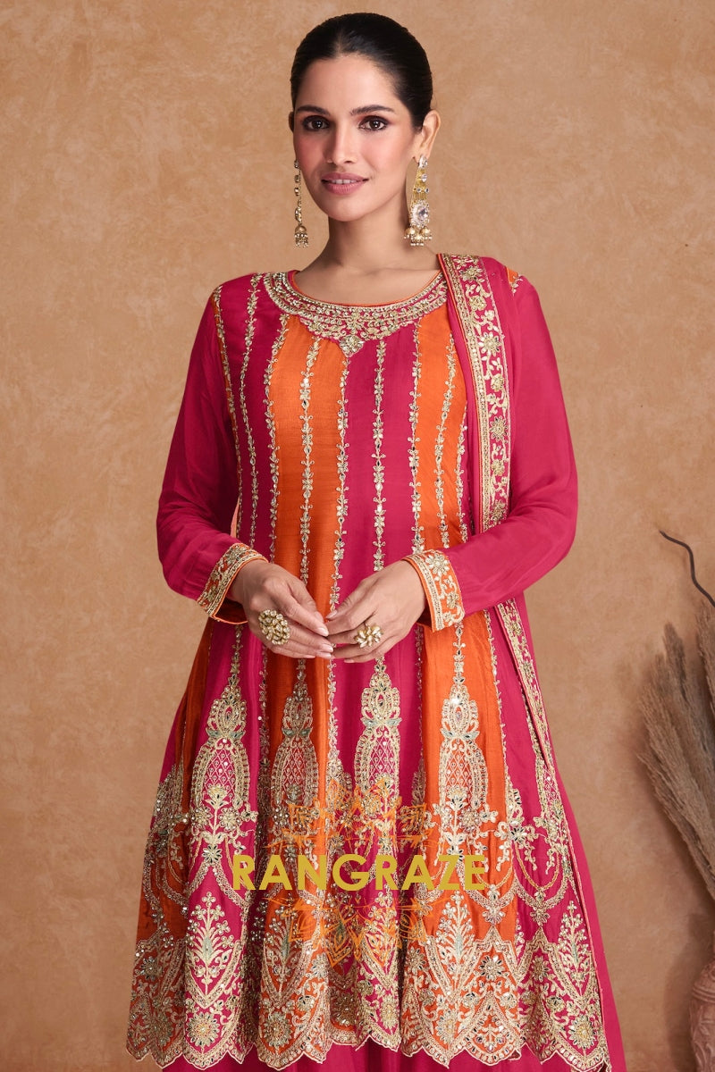 Fuchsia Flame Chinnon Silk Embroidered Sharara Suit – The Essence of Festive Glamour