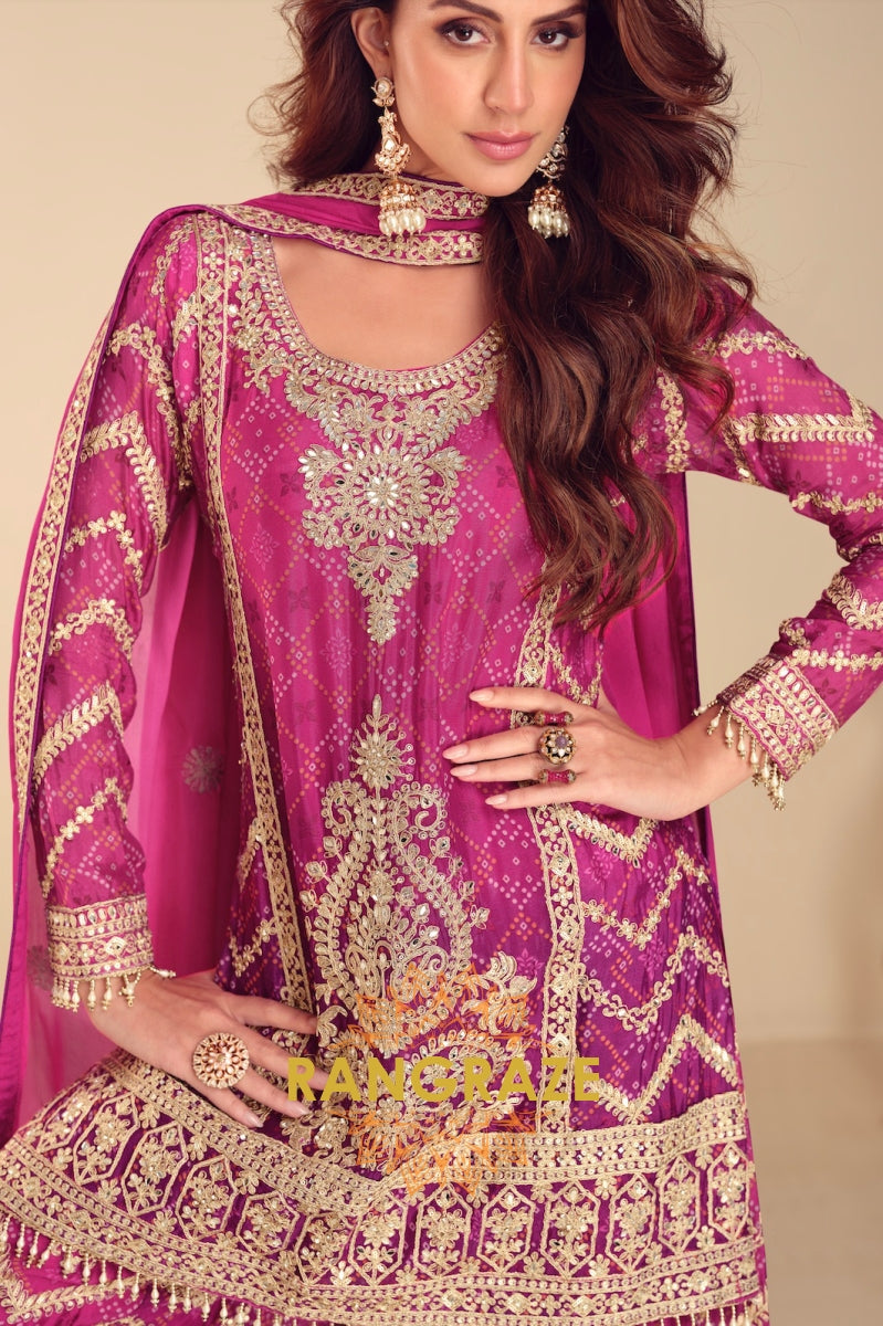 Fuchsia Zari Embroidered Sharara Suit Set – A Regal Ensemble