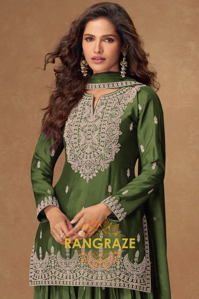 Olive Green Embroidered Sharara Suit Set – Timeless Grace with Royal Craftsmanship