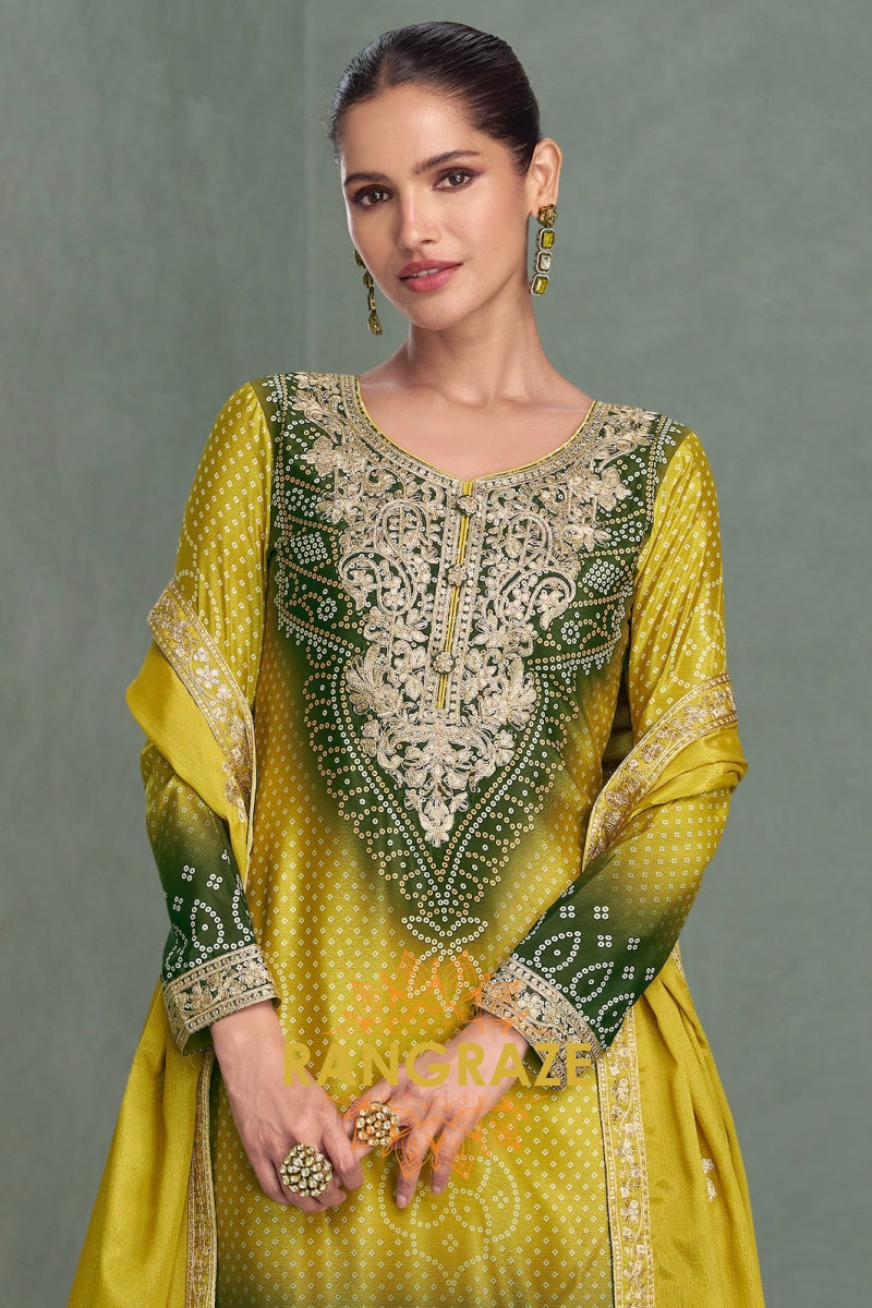 Emerald Glow Chinnon Silk Embroidered Suit Set – A Harmony of Nature and Opulence