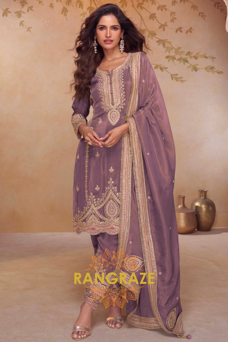 Mulberry Glow Silk Embroidered Suit Set – A Symphony of Regal Grace