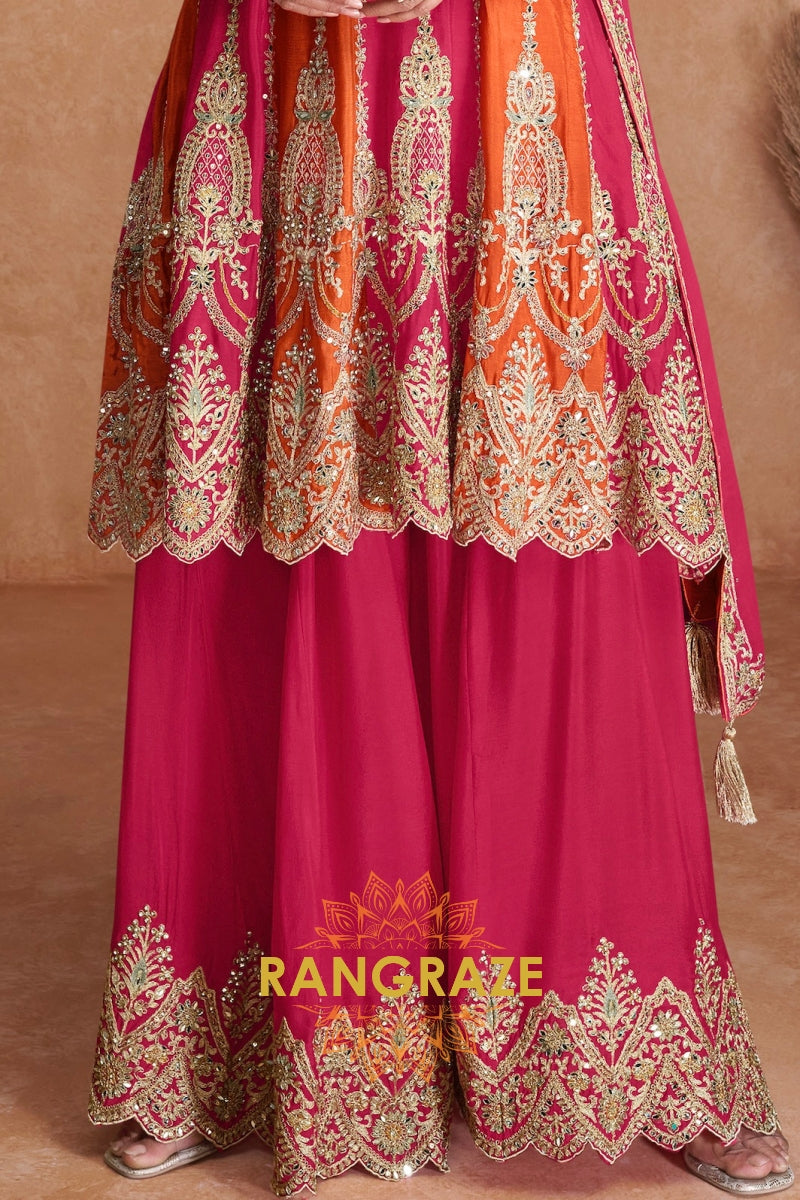 Fuchsia Flame Chinnon Silk Embroidered Sharara Suit – The Essence of Festive Glamour