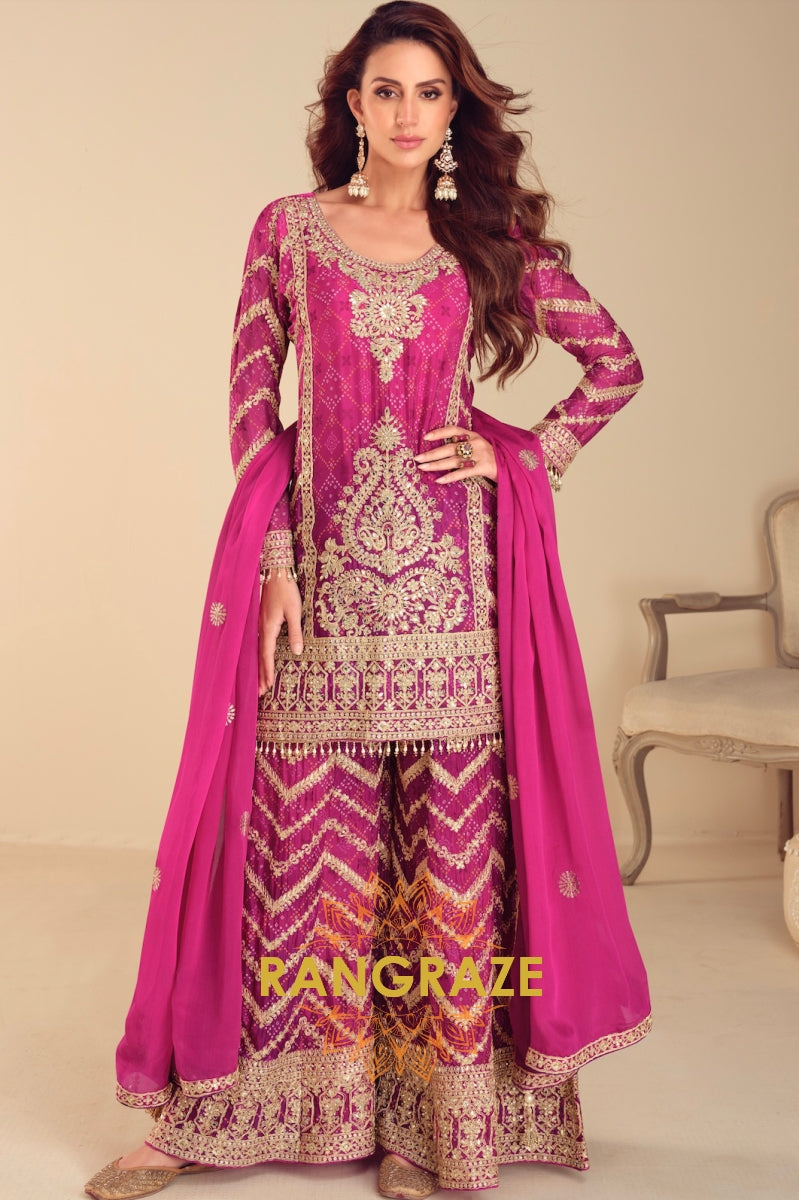 Fuchsia Zari Embroidered Sharara Suit Set – A Regal Ensemble