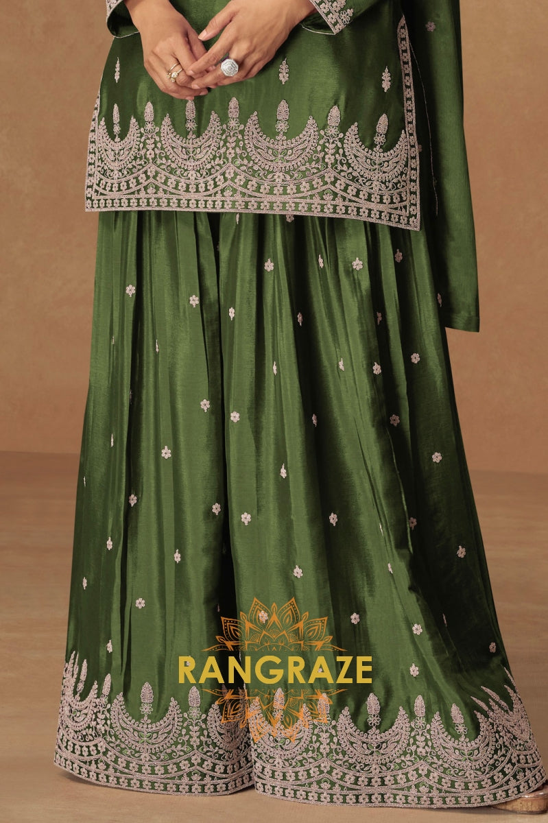 Olive Green Embroidered Sharara Suit Set – Timeless Grace with Royal Craftsmanship