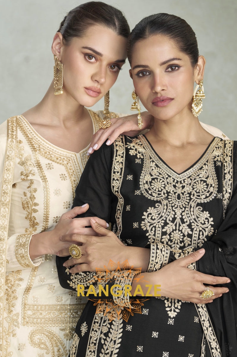 Noor Noir Zari Embroidered Chinon Silk Suit Set