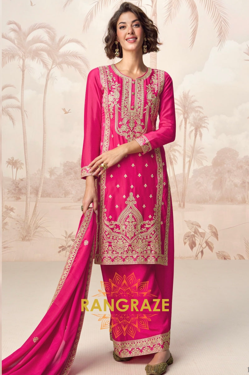 Fuchsia Royal Charm Chinon Silk Suit Set – 3-Piece Embroidered Kurta, Straight Pants & Dupatta