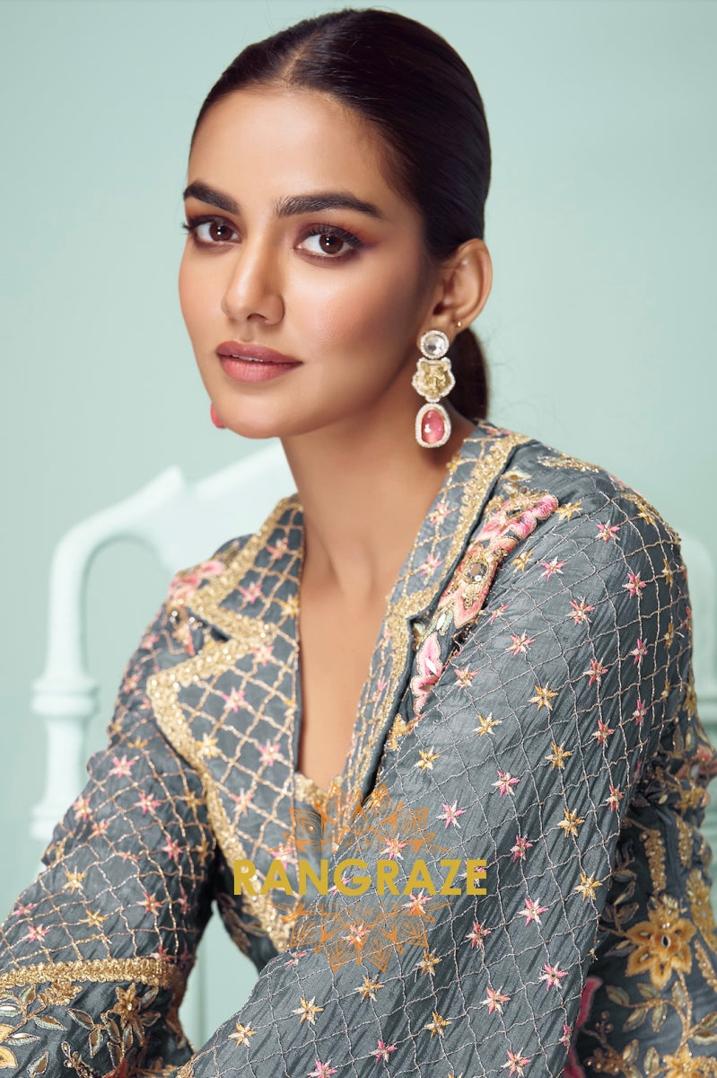 Slate Blossom Embroidered Chinon Jacket Style Suit Set