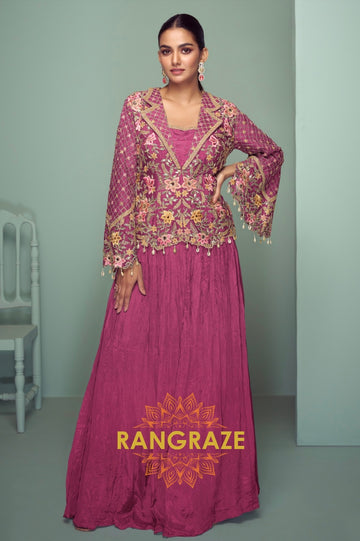 Rose Fuchsia Embroidered Chinon Jacket Style Suit Set