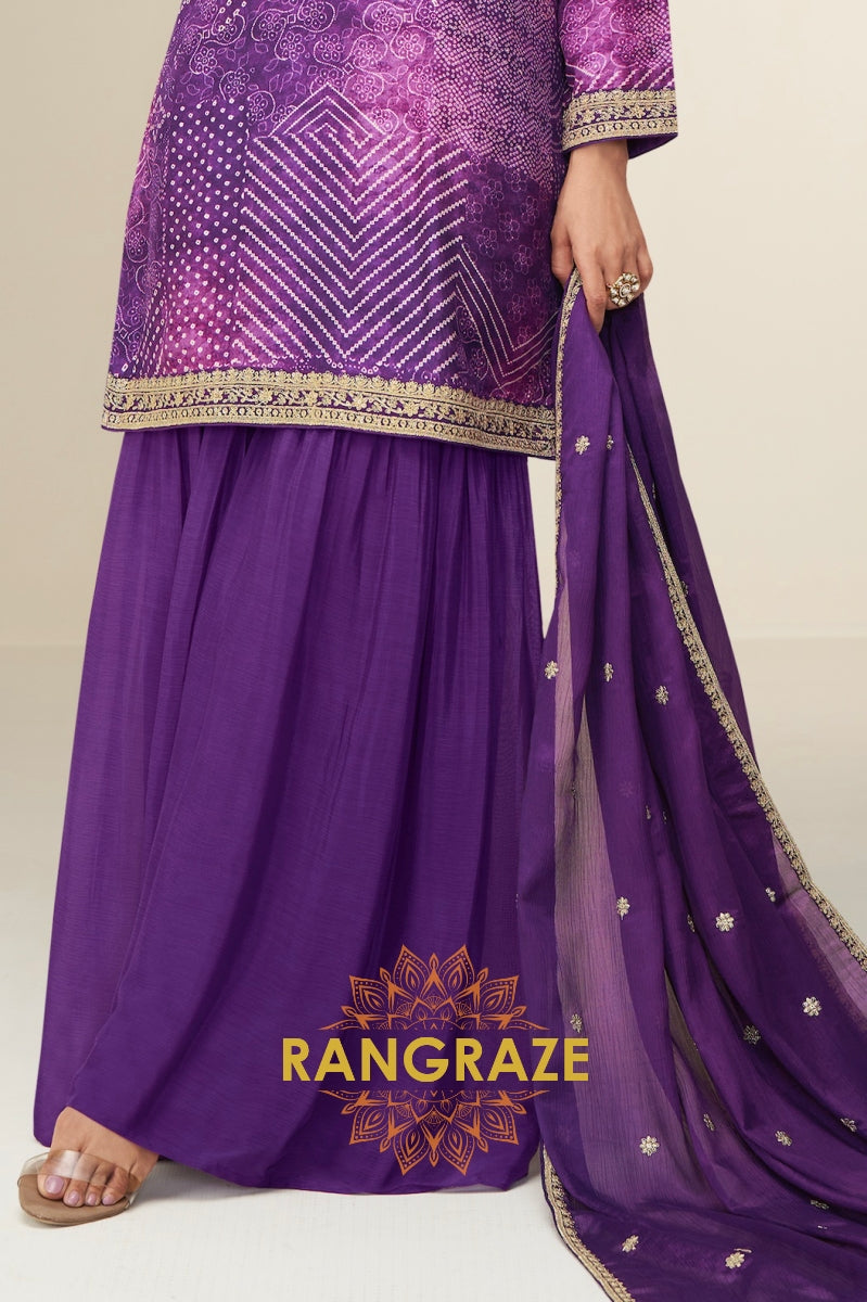 Rani Pink Bandhani Embroidered Chinon Sharara Suit Set