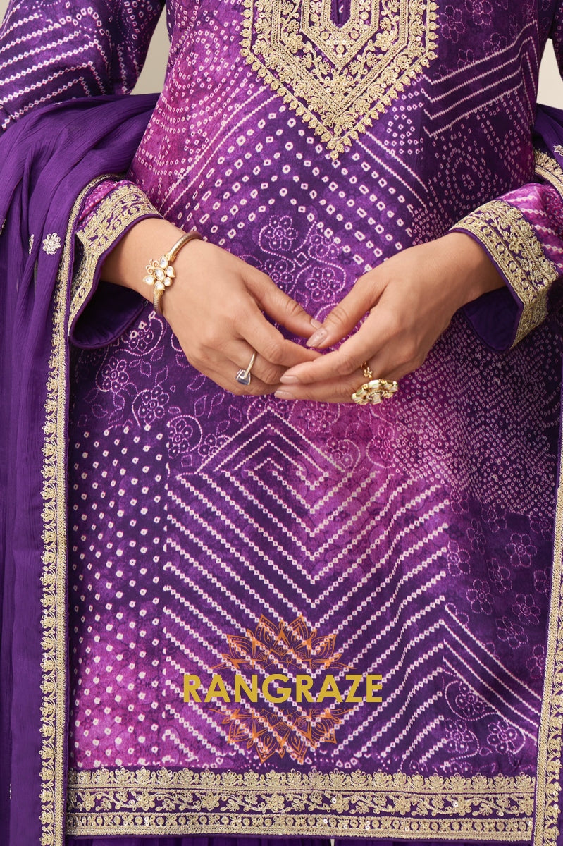Rani Pink Bandhani Embroidered Chinon Sharara Suit Set