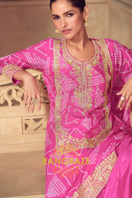 Blush Pink Bandhej Embroidered Chinon Sharara Suit Set