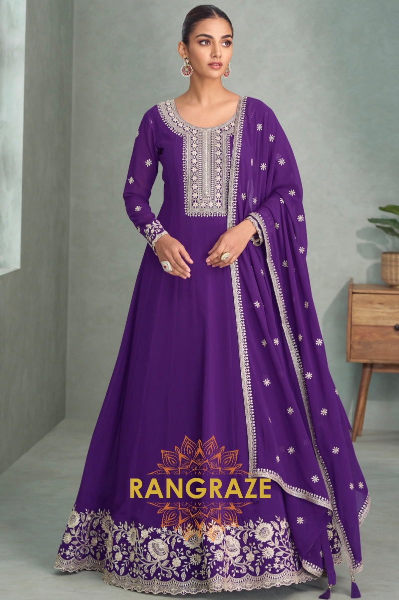 Regal Plum Georgette Embroidered Anarkali Set