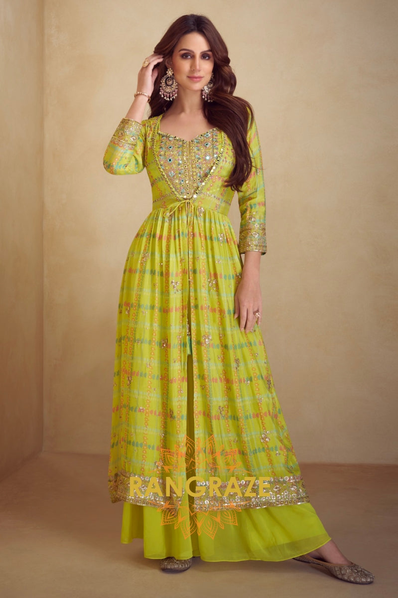 Lime Bliss Embellished Chinon Semi-Western Slit Jacket Set