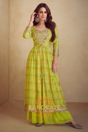 Lime Bliss Embellished Chinon Semi-Western Slit Jacket Set