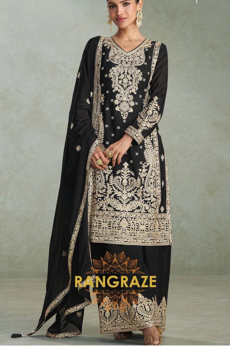 Noor Noir Zari Embroidered Chinon Silk Suit Set