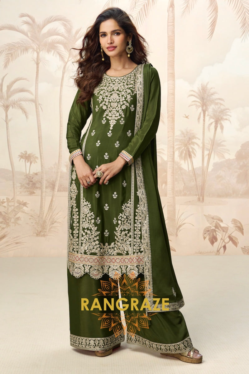 Olive Bloom Elegance Chinon Silk Suit Set – 3-Piece Embroidered Kurta, Palazzo & Dupatta