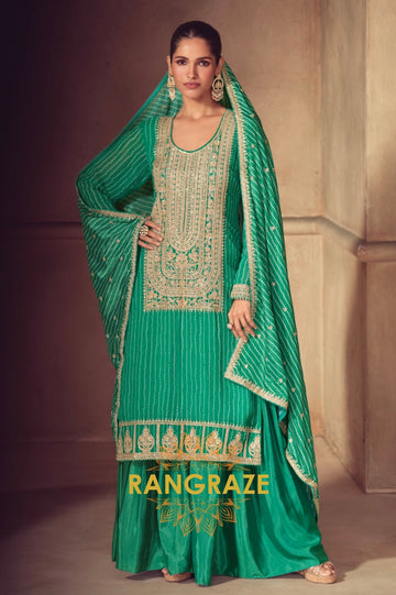 Royal Emerald Bandhej Embroidered Chinon Sharara Set