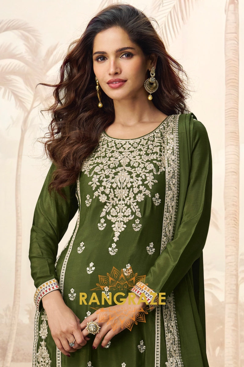Olive Bloom Elegance Chinon Silk Suit Set – 3-Piece Embroidered Kurta, Palazzo & Dupatta