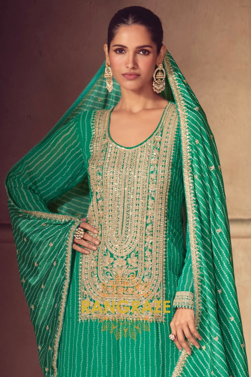Royal Emerald Bandhej Embroidered Chinon Sharara Suit Set