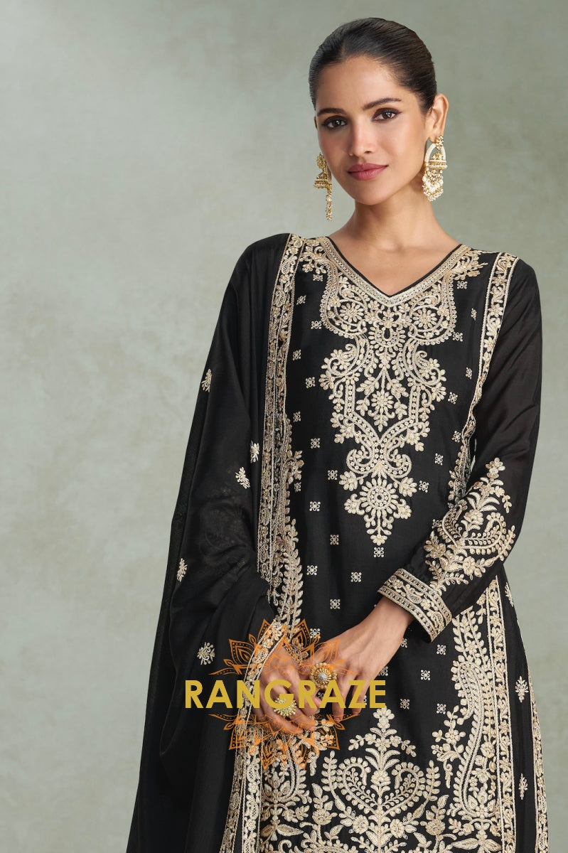 Noor Noir Zari Embroidered Chinon Silk Suit Set
