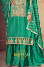 Royal Emerald Bandhej Embroidered Chinon Sharara Suit Set