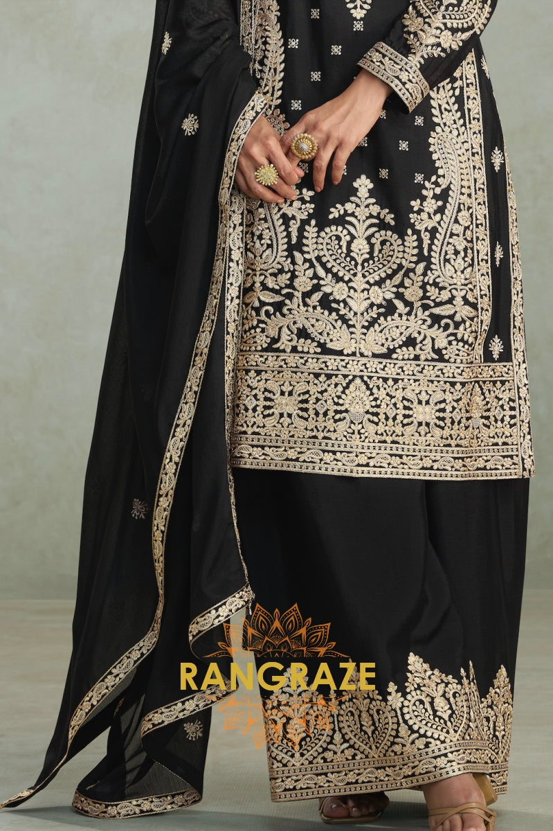 Noor Noir Zari Embroidered Chinon Silk Suit Set