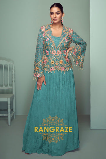 Teal Bloom Embroidered Chinon Jacket Style Suit Set