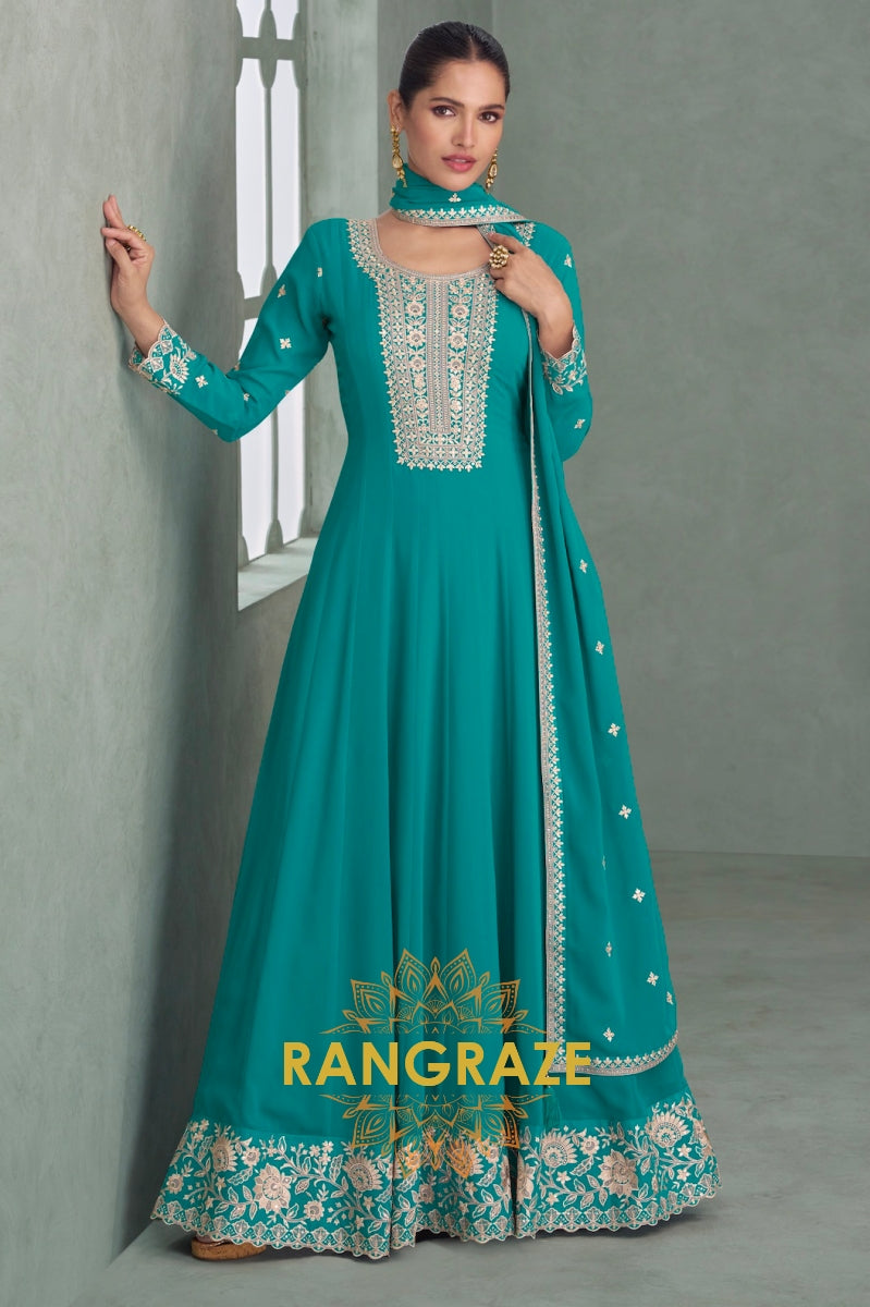 Teal Charm Embroidered Georgette Anarkali Set