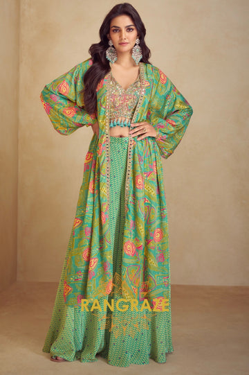 Semi Western Wear – Embroidered Crop Top with Printed Long Jacket and Palazzo Set