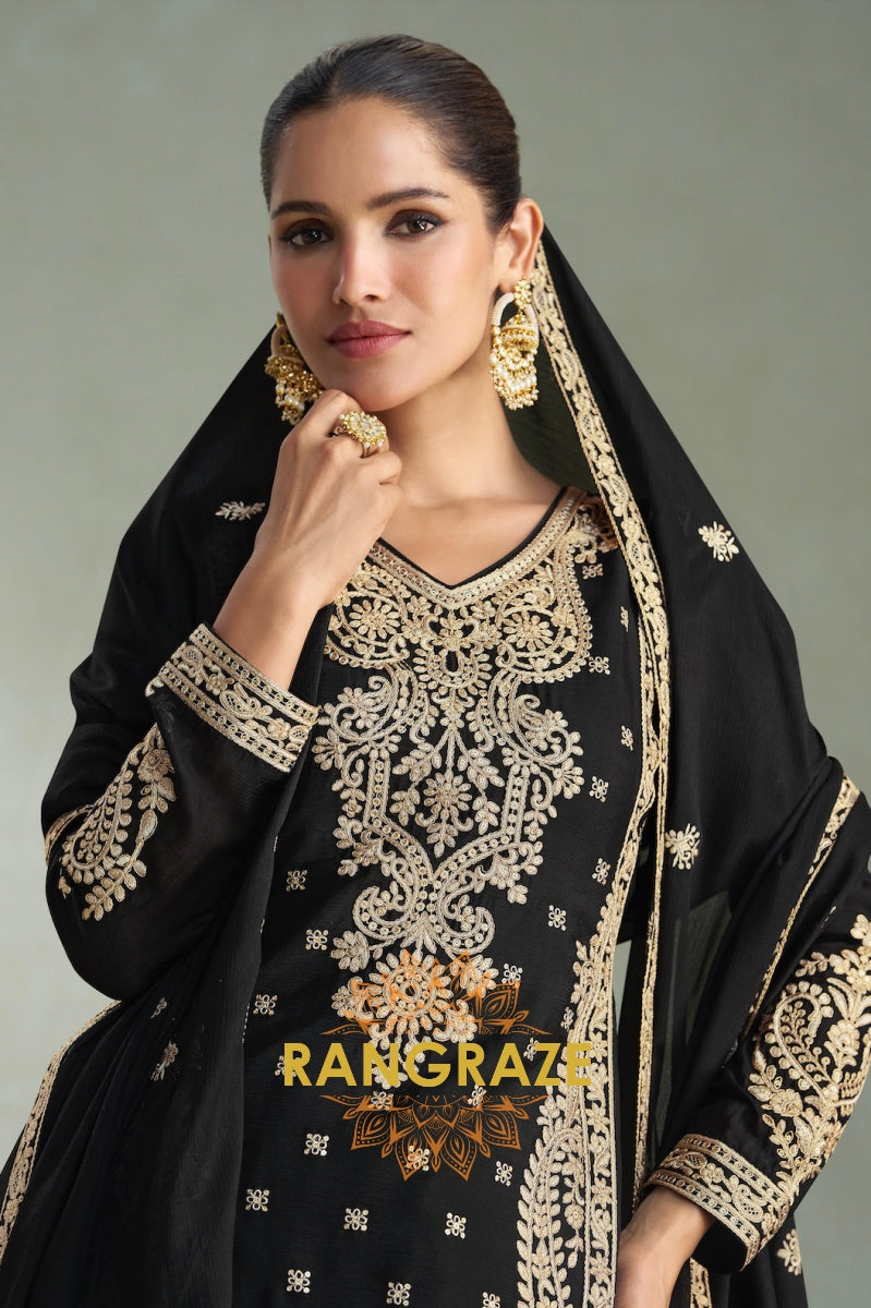 Noor Noir Zari Embroidered Chinon Silk Suit Set