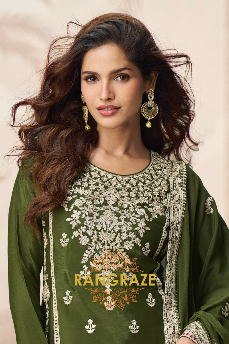 Olive Bloom Elegance Chinon Silk Suit Set – 3-Piece Embroidered Kurta, Palazzo & Dupatta
