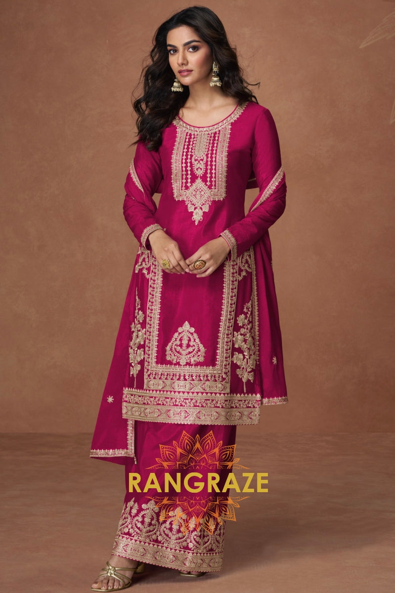 Majestic Magenta Chinon Silk Straight Suit Set