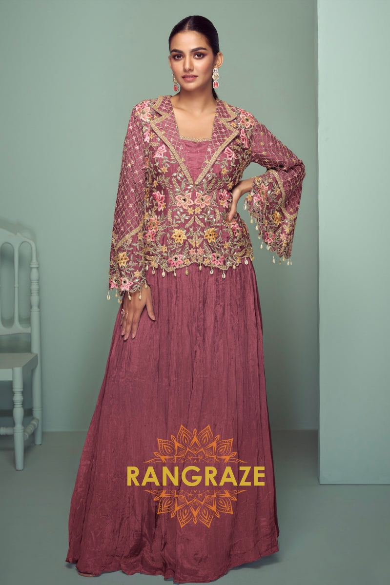 Rosewood Bloom Embroidered Chinon Jacket Style Suit Set