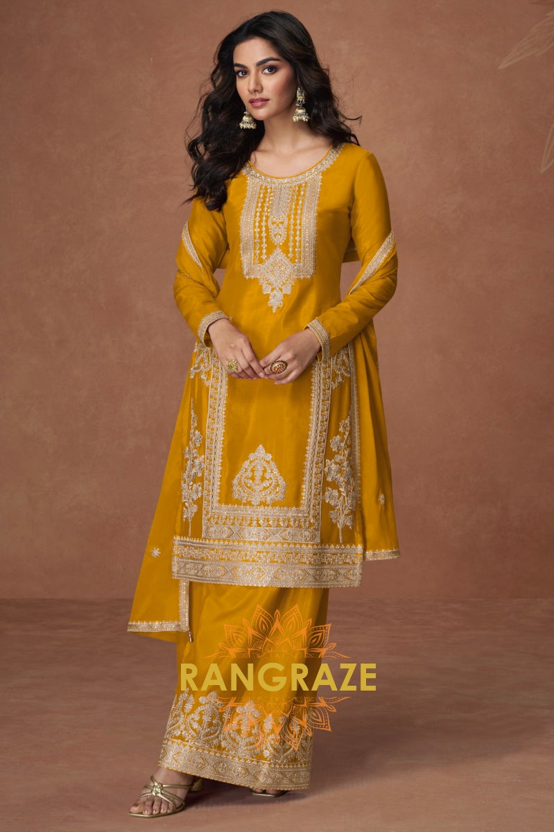 Sunlit Mustard Chinon Silk Suit Set with Floral Palazzo & Dupatta