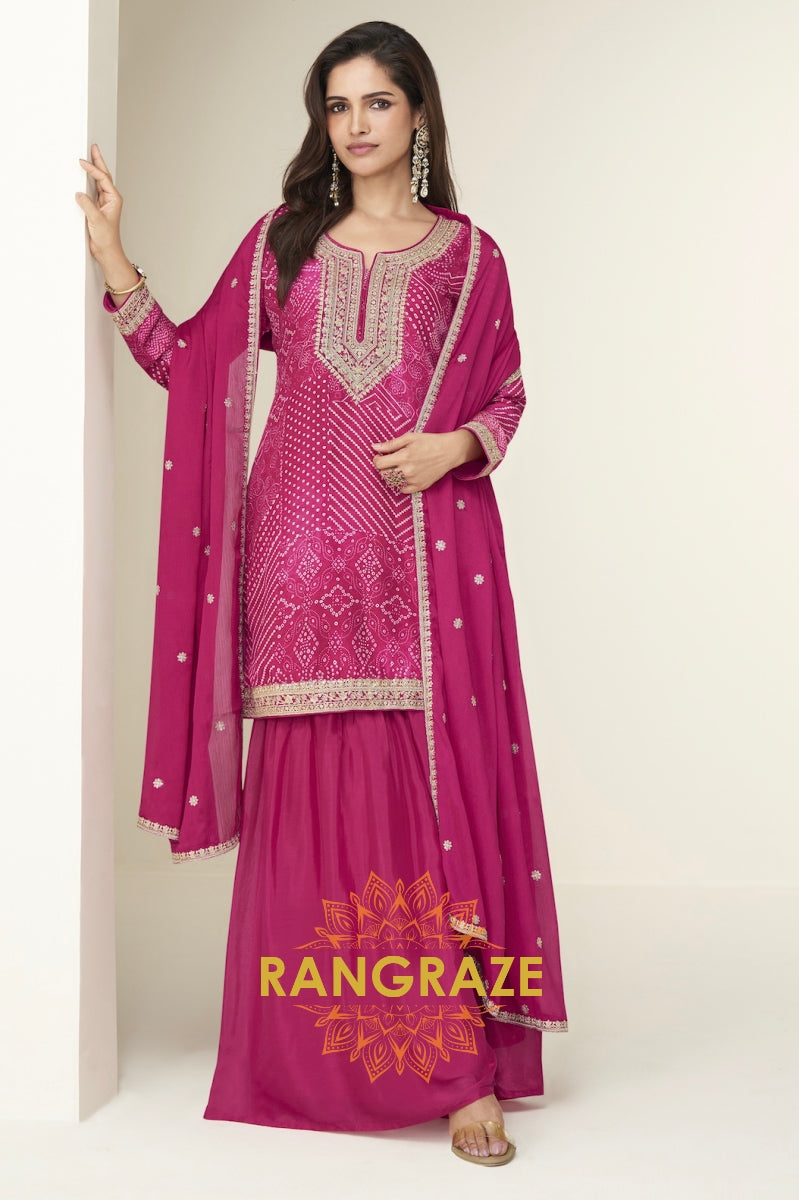 Emerald Bandhej Embroidered Chinon Sharara Set