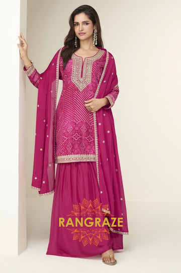 Emerald Bandhej Embroidered Chinon Sharara Set