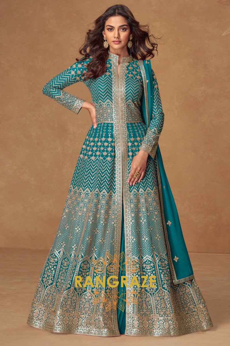 Teal Envy Front-Open Embroidered Anarkali Set