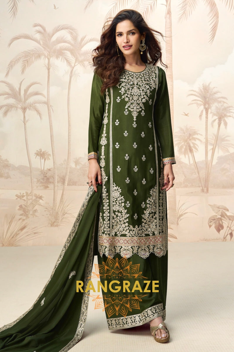 Olive Bloom Elegance Chinon Silk Suit Set – 3-Piece Embroidered Kurta, Palazzo & Dupatta