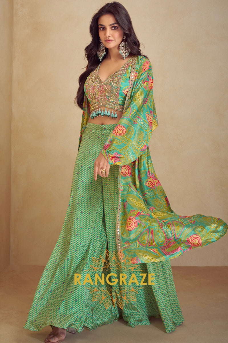 Semi Western Wear – Embroidered Crop Top with Printed Long Jacket and Palazzo Suit Set