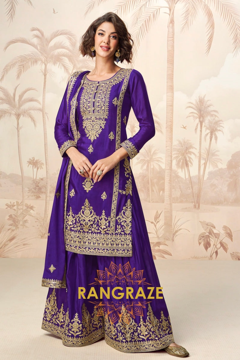 Regal Amethyst Chinon Silk Sharara Suit Set – 3-Piece Embroidered Kurta, Sharara & Dupatta