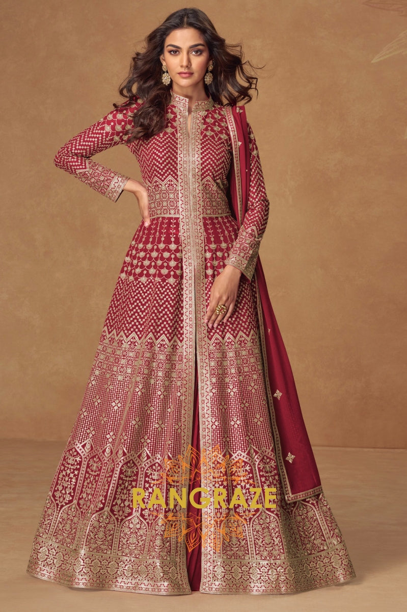 Maroon Elegance Front-Open Embroidered Anarkali Set