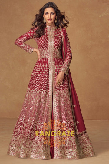 Maroon Elegance Front-Open Embroidered Anarkali Set